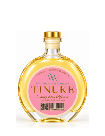 Tinuke 250ml reed diffuser in a round glass bottle with pink label and green WhiffWonders logo