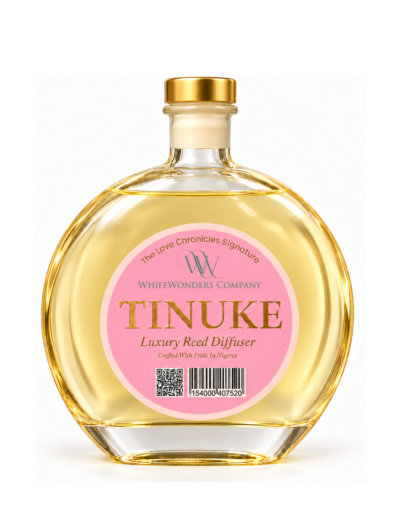 Tinuke 500ml reed diffuser in a large round glass bottle with pink label and green WhiffWonders logo